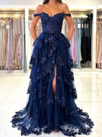 Off the Shoulder Dark Navy Blue Lace Prom Dresses, Dark Navy Blue Lace Formal Evening Dresses