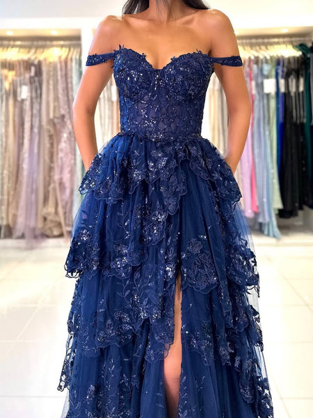 Off the Shoulder Dark Navy Blue Lace Prom Dresses, Dark Navy Blue Lace Formal Evening Dresses