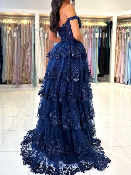 Off the Shoulder Dark Navy Blue Lace Prom Dresses, Dark Navy Blue Lace Formal Evening Dresses