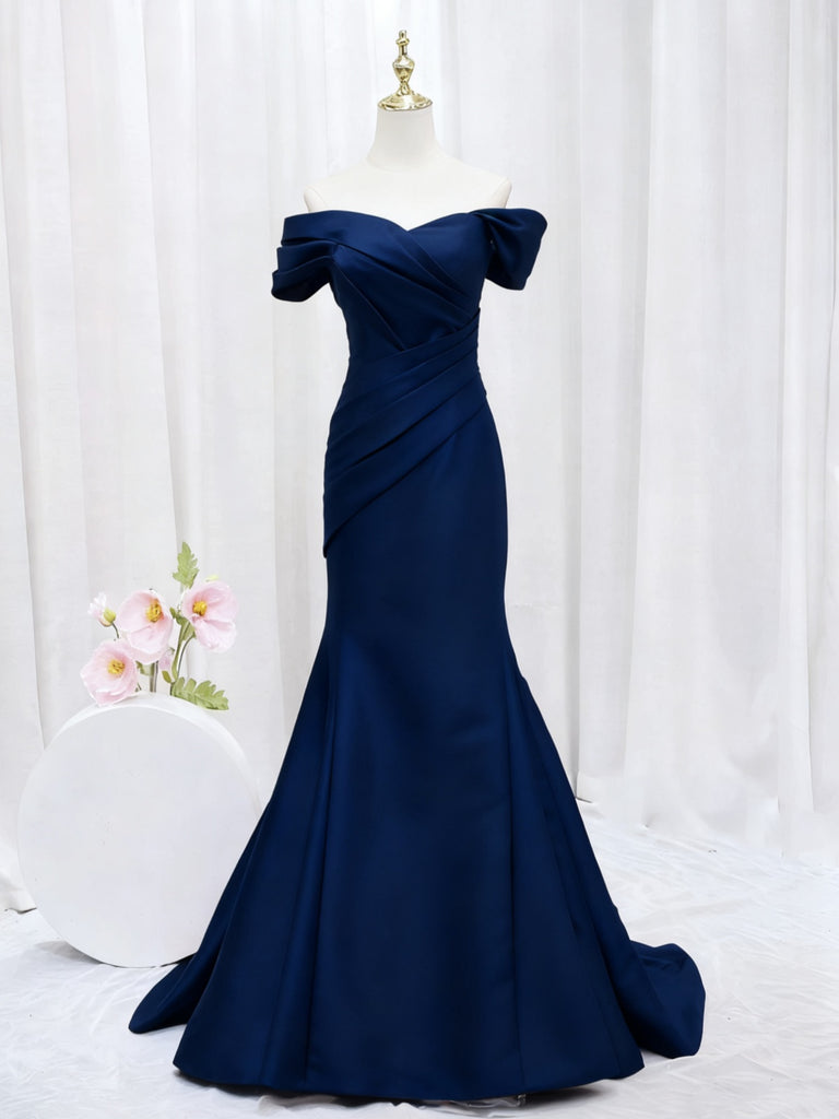 Off the Shoulder Dark Navy Blue Mermaid Satin Prom Dresses, Off Shoulder Navy Blue Mermaid Formal Evening Dresses