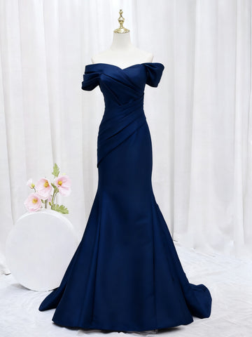 Off the Shoulder Dark Navy Blue Mermaid Satin Prom Dresses, Off Shoulder Navy Blue Mermaid Formal Evening Dresses