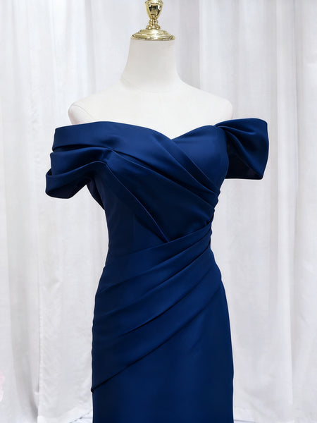 Off the Shoulder Dark Navy Blue Mermaid Satin Prom Dresses, Off Shoulder Navy Blue Mermaid Formal Evening Dresses