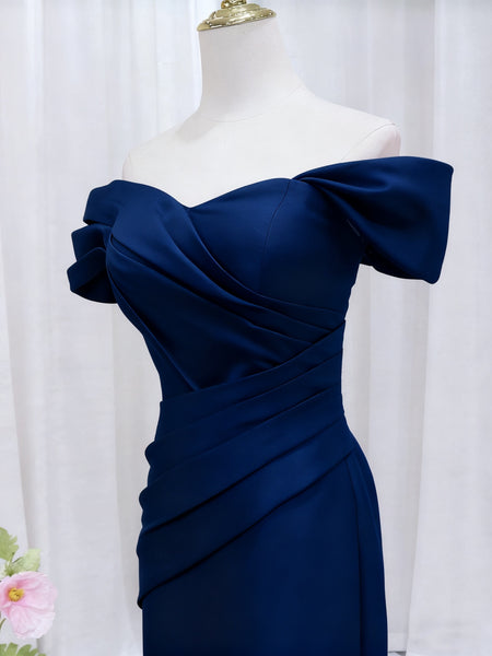 Off the Shoulder Dark Navy Blue Mermaid Satin Prom Dresses, Off Shoulder Navy Blue Mermaid Formal Evening Dresses