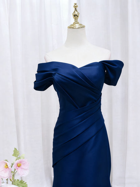 Off the Shoulder Dark Navy Blue Mermaid Satin Prom Dresses, Off Shoulder Navy Blue Mermaid Formal Evening Dresses