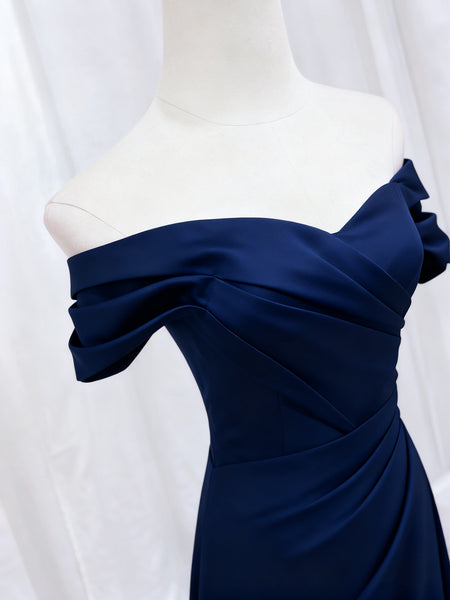 Off the Shoulder Dark Navy Blue Mermaid Satin Prom Dresses, Off Shoulder Navy Blue Mermaid Formal Evening Dresses