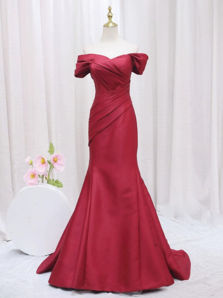 Off the Shoulder Dark Navy Blue Mermaid Satin Prom Dresses, Off Shoulder Navy Blue Mermaid Formal Evening Dresses