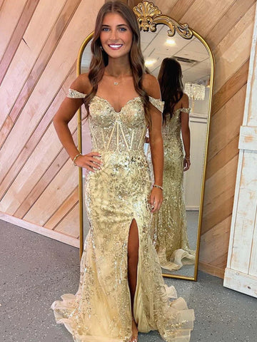 Off the Shoulder Golden Mermaid Lace Prom Dresses, Golden Mermaid Lace Formal Evening Dresses