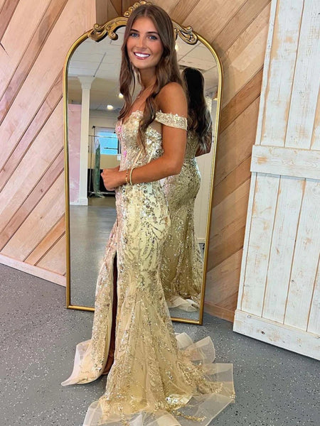 Off the Shoulder Golden Mermaid Lace Prom Dresses, Golden Mermaid Lace Formal Evening Dresses