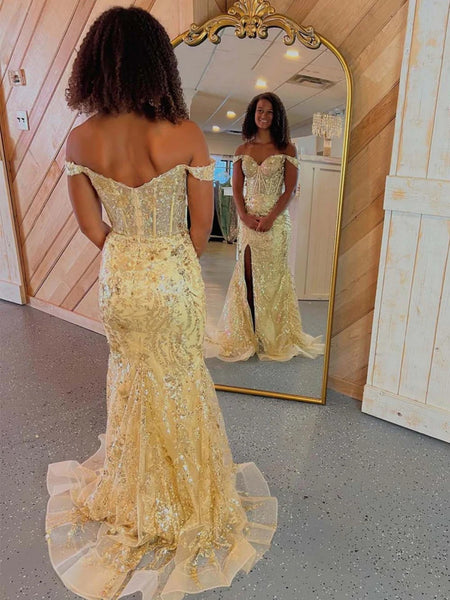 Off the Shoulder Golden Mermaid Lace Prom Dresses, Golden Mermaid Lace Formal Evening Dresses
