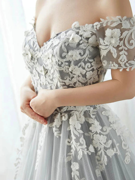 Off the Shoulder Gray Lace Tulle Long Prom Dresses, Gray Long Lace Tulle Formal Evening Dresses