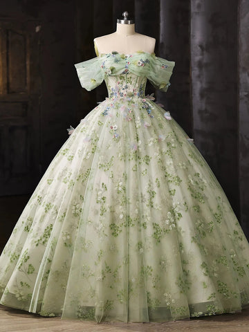 Off the Shoulder Green Floral Long Prom Dresses, Green Floral Long Formal Evening Dresses