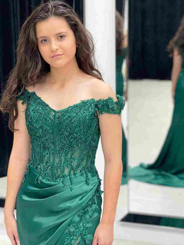 Off the Shoulder Green Mermaid Lace Prom Dresses, Off the Shoulder Green Mermaid Lace Formal Evening Dresses