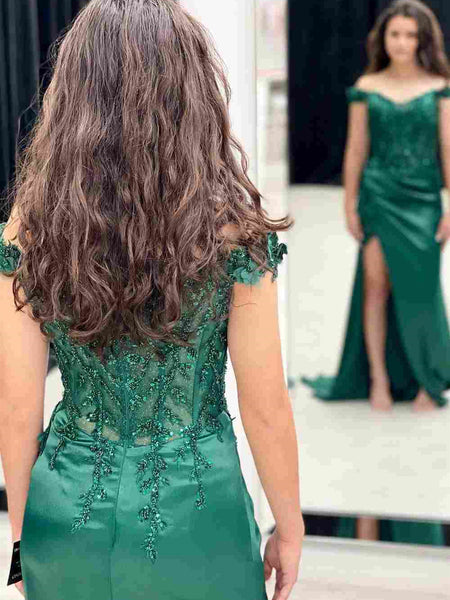 Off the Shoulder Green Mermaid Lace Prom Dresses, Off the Shoulder Green Mermaid Lace Formal Evening Dresses