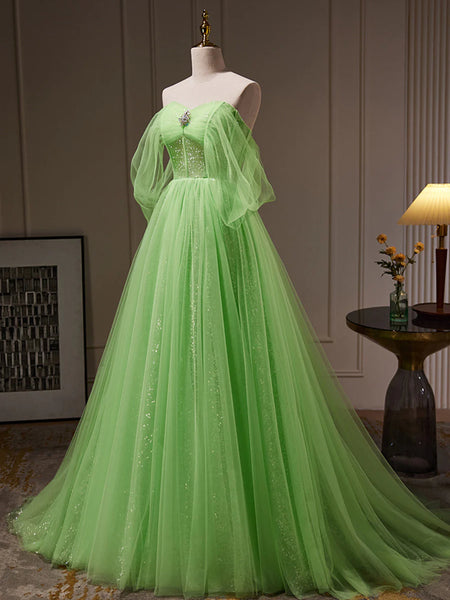Off the Shoulder Green Tulle Long Prom Dresses, Off Shoulder Green Long Formal Graduation Dresses