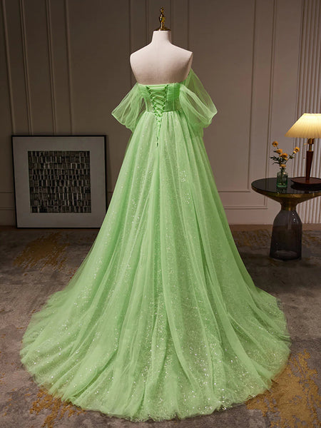 Off the Shoulder Green Tulle Long Prom Dresses, Off Shoulder Green Long Formal Graduation Dresses