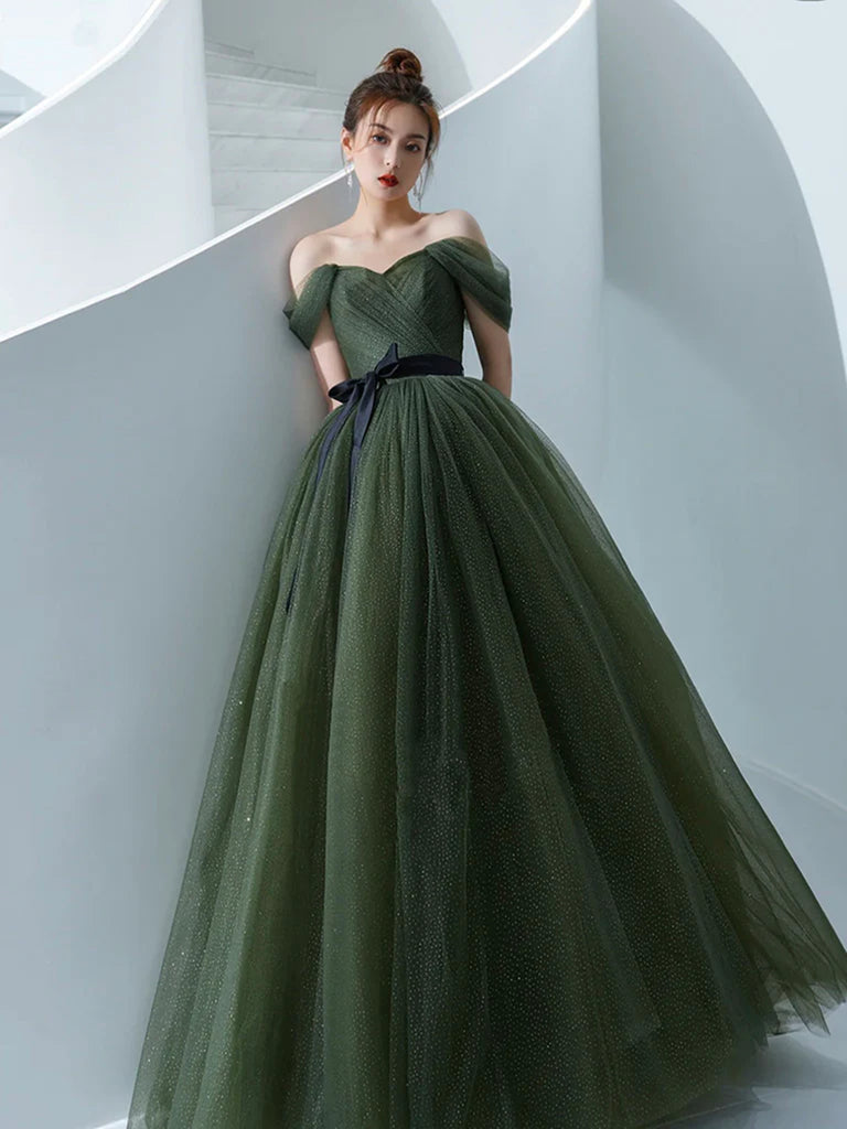 Off the Shoulder Green Tulle Long Prom Dresses, Off Shoulder Green Tul jbydress Off the Shoulder Green Tulle Long Prom Dresses, Off Shoulder Green Tul jbydress