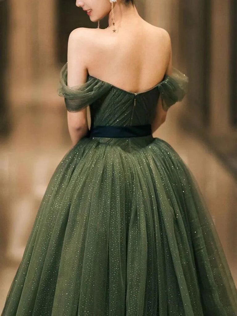 Off the Shoulder Green Tulle Long Prom Dresses, Off Shoulder Green Tul jbydress Off the Shoulder Green Tulle Long Prom Dresses, Off Shoulder Green Tul jbydress