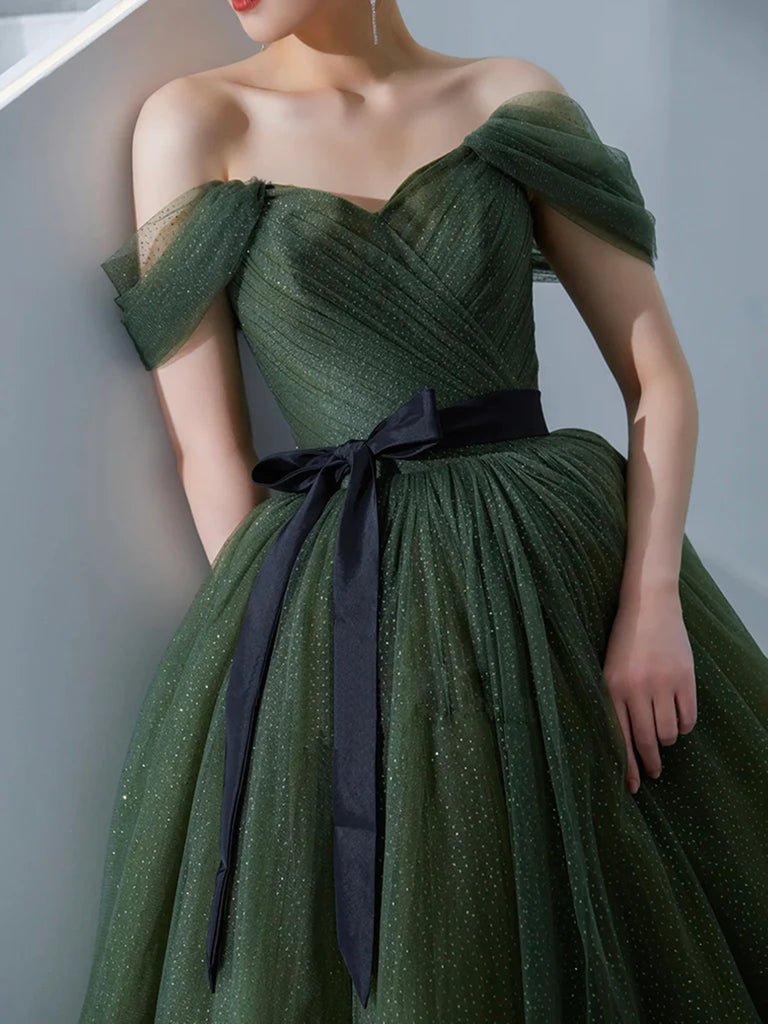 Off the Shoulder Green Tulle Long Prom Dresses, Off Shoulder Green Tul jbydress Off the Shoulder Green Tulle Long Prom Dresses, Off Shoulder Green Tul jbydress