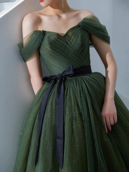 Off the Shoulder Green Tulle Long Prom Dresses, Off Shoulder Green Tulle Long Formal Evening Dresses
