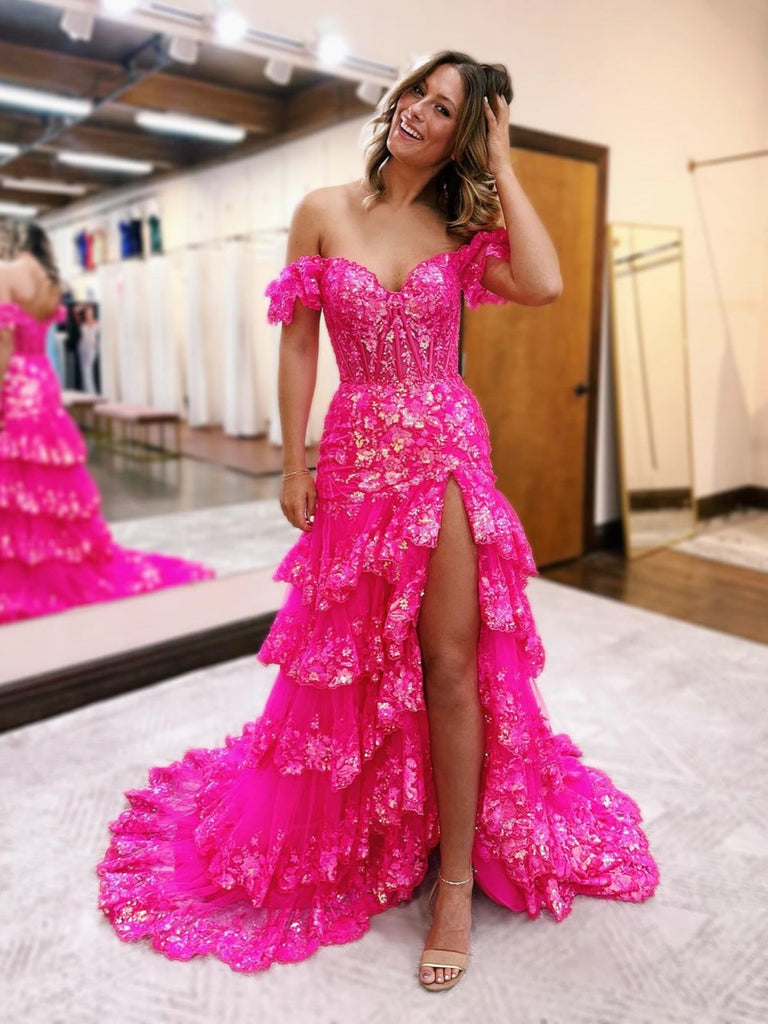 Off the Shoulder Hot Pink Mermald Lace Layered Prom Dresses, Hot