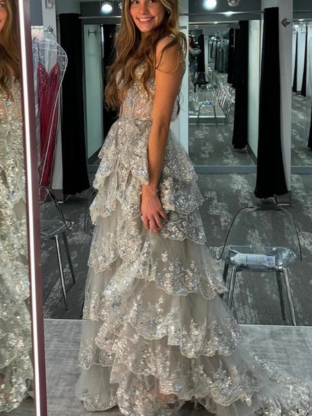 Off the Shoulder Layered Lace Prom Dresses, Off Shoulder Layered Lace Formal Evening Dresses