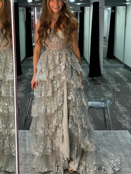 Off the Shoulder Layered Lace Prom Dresses, Off Shoulder Layered Lace Formal Evening Dresses