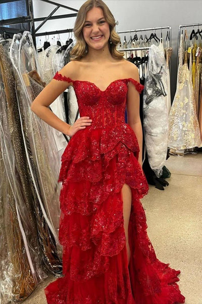 Off the Shoulder Layered Lace Prom Dresses, Off Shoulder Layered Lace Formal Evening Dresses