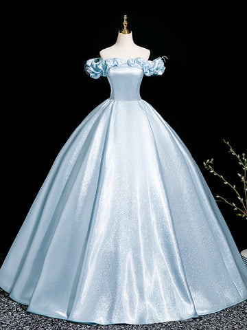 Off the Shoulder Light Blue Prom Dresses, Light Blue Long Formal Evening Dresses