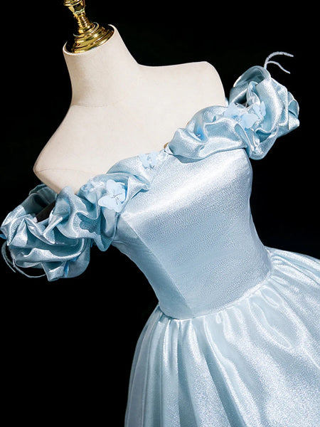 Off the Shoulder Light Blue Prom Dresses, Light Blue Long Formal Evening Dresses