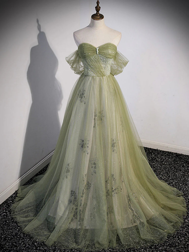 Off the Shoulder Light Green Beaded Long Prom Dresses, Light Green Off Shoulder Long Formal Graduation Dresses