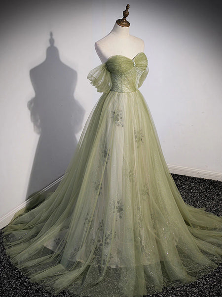Off the Shoulder Light Green Beaded Long Prom Dresses, Light Green Off Shoulder Long Formal Graduation Dresses
