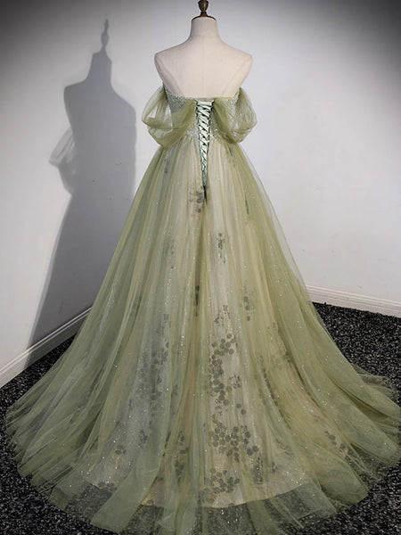 Off the Shoulder Light Green Beaded Long Prom Dresses, Light Green Off Shoulder Long Formal Graduation Dresses