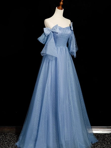 Off the Shoulder Long Blue Tulle Prom Dresses, A Line Off Shoulder Blue Formal Evening Dresses