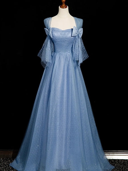 Off the Shoulder Long Blue Tulle Prom Dresses, A Line Off Shoulder Blue Formal Evening Dresses