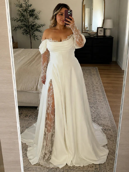 Off the Shoulder Long Sleeves Ivory Lace Wedding Dresses, Long Sleeves  Ivory Lace Bridal Dresses