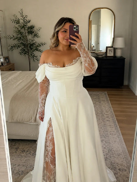 Off the Shoulder Long Sleeves Ivory Lace Wedding Dresses, Long Sleeves  Ivory Lace Bridal Dresses