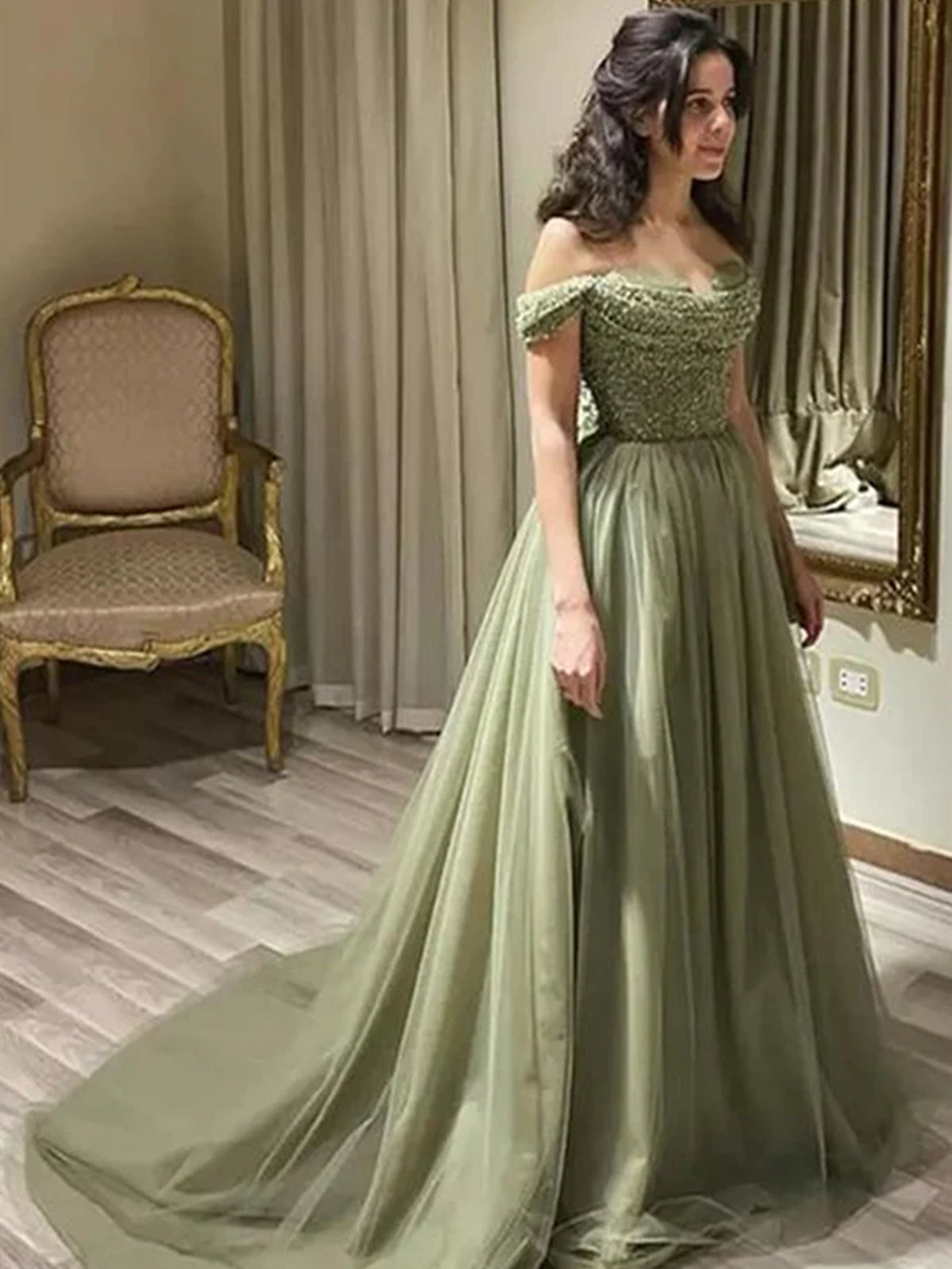 パーティードレス Off Shoulder Boat Neck Green Cocktail Prom Dress Off Shoulder Boat Neck Green Cocktail Prom Dress | Runway