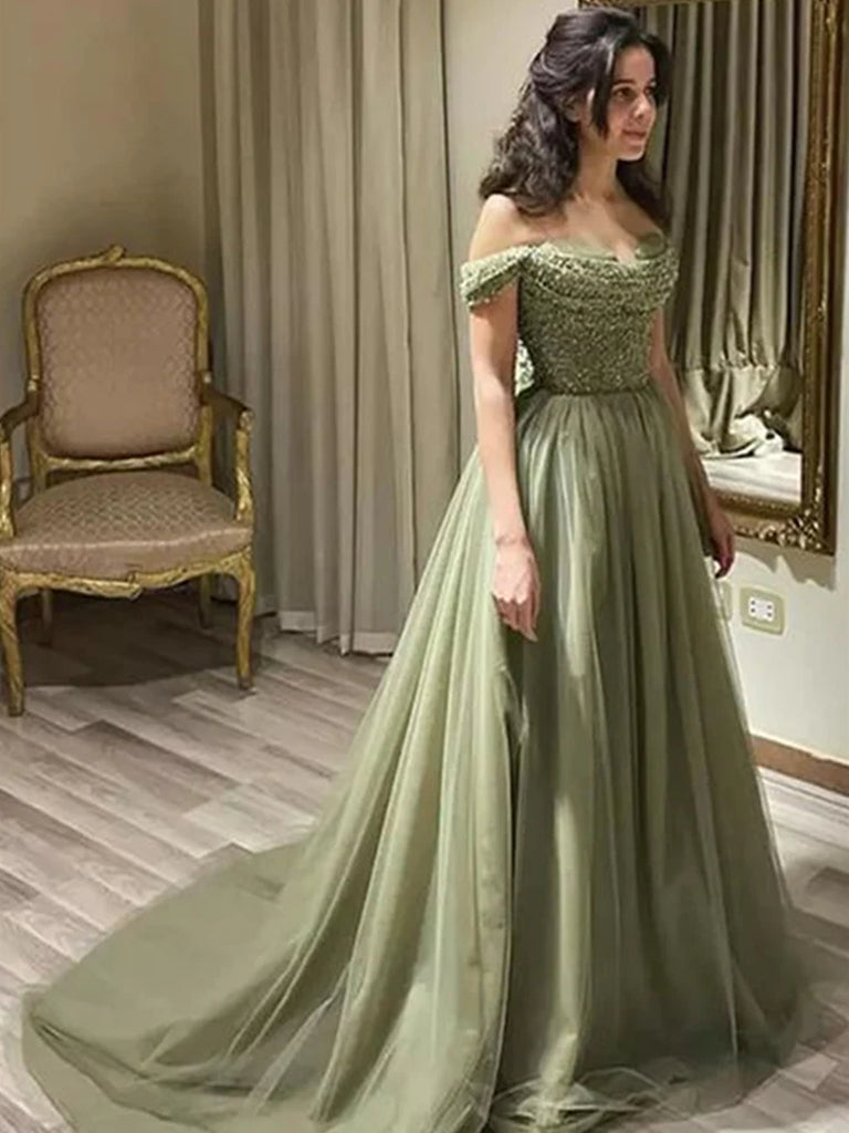 Off the Shoulder Mint Green Beaded Long Prom Dresses, Off Shoulder Gre jbydress Off the Shoulder Mint Green Beaded Long Prom Dresses, Off Shoulder Gre jbydress