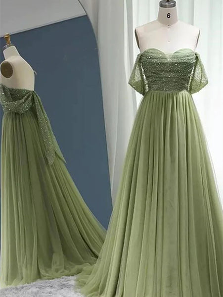 Off the Shoulder Mint Green Beaded Long Prom Dresses, Off Shoulder Green Long Formal Evening Dresses