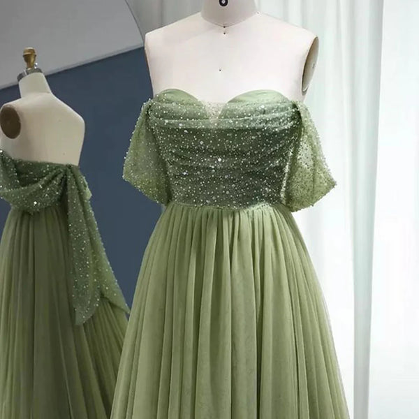 Off the Shoulder Mint Green Beaded Long Prom Dresses, Off Shoulder Green Long Formal Evening Dresses