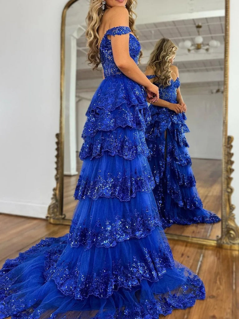 layered lace prom dress Princess Lace Tiered Blue Prom Dress With Lace Ruffles TP1288 US6 / Blue
