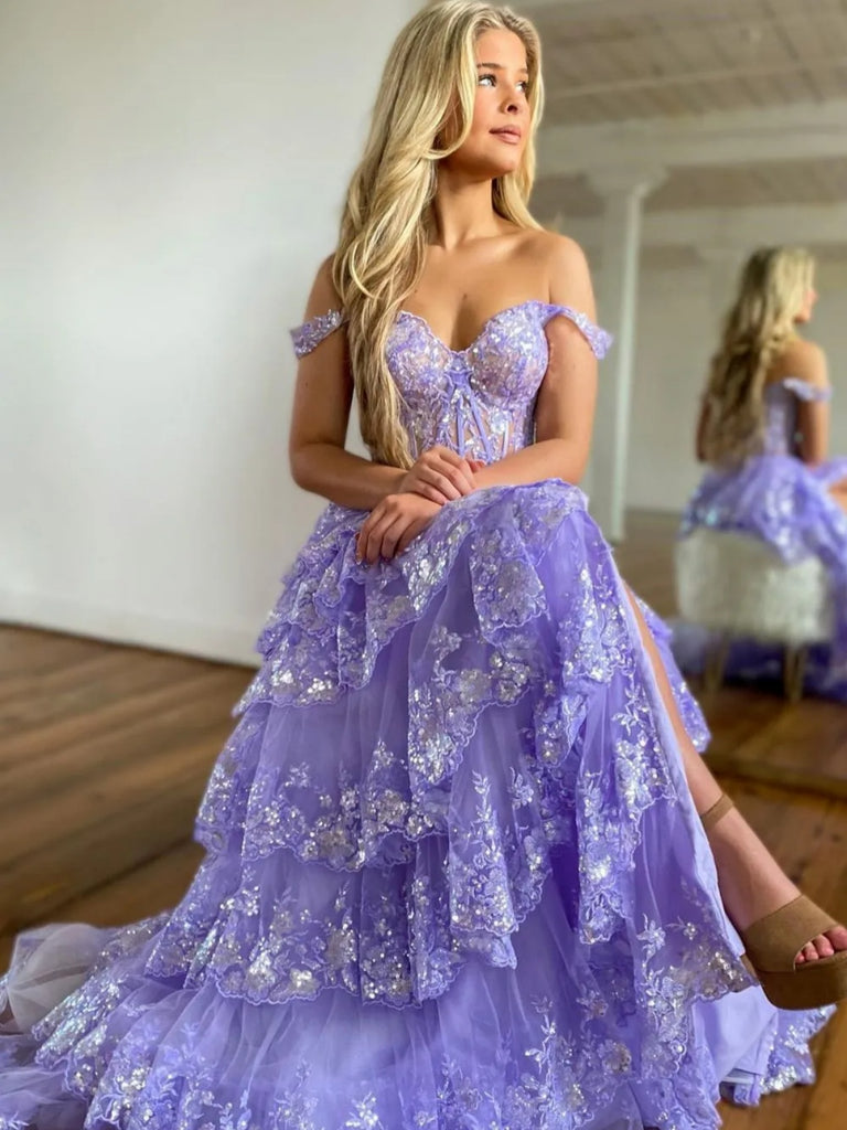 Off the Shoulder Multi Layered Lace Prom Dresses, Lace Layered Long Fo jbydress Off the Shoulder Multi Layered Lace Prom Dresses, Lace Layered Long Fo jbydress