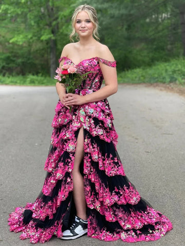 Off the Shoulder Muti Layered Long Prom Dresses, Off Shoulder Layered Formal Evening Dresses