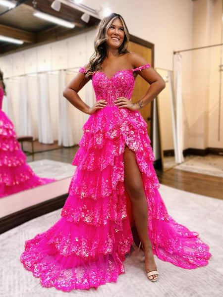 Off the Shoulder Pink Blue Lace Prom Dresses, Off Shoulder Pink Blue Lace Layered Formal Graduation Dresses