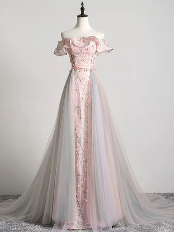 Off the Shoulder Pink Floral Gray Tulle Long Prom Dresses, Pink Floral Long Formal Graduation Dresses