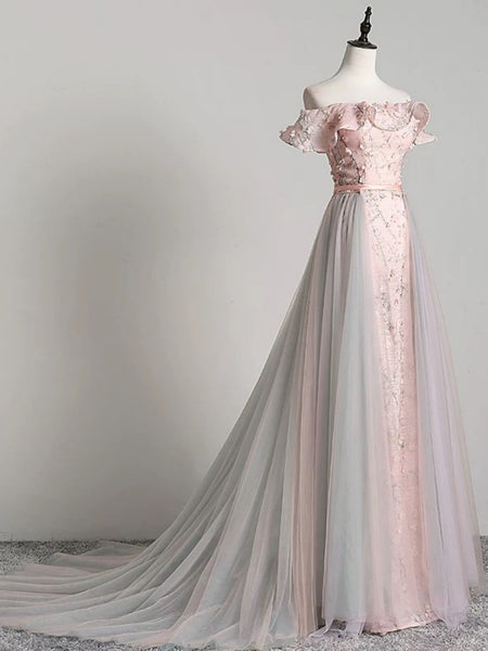 Off the Shoulder Pink Floral Gray Tulle Long Prom Dresses, Pink Floral Long Formal Graduation Dresses