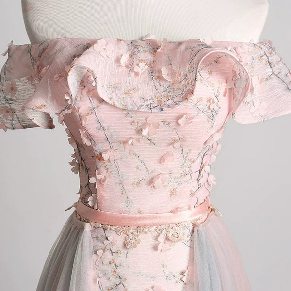 Off the Shoulder Pink Floral Gray Tulle Long Prom Dresses, Pink Floral Long Formal Graduation Dresses