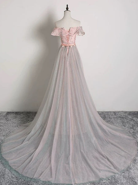 Off the Shoulder Pink Floral Gray Tulle Long Prom Dresses, Pink Floral Long Formal Graduation Dresses