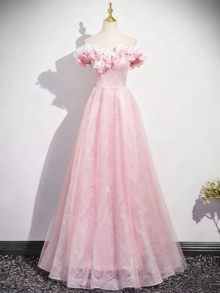 Off the Shoulder Pink Floral Long Prom Dresses, Pink Floral Long Formal Evening Dresses