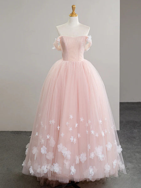 Off the Shoulder Pink Floral Long Prom Dresses, Pink Floral Long Formal Evening Dresses